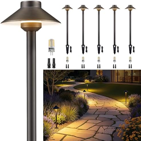 Gardenreet Low Voltage Landscape Lighting - Solid Brass Pathway Lights 12V, LED Path Lamp Waterproof, Hat Shaped Wired Bronze for Walkway Garden with 3W 270LM 4000K Neutral White G4 Bulb (6 Pack) by Gardenreet