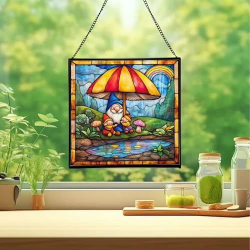 Gnome with Umbrella Stained Glass Suncatcher – Square Hanging Window Panel for Home, Garden, Nursery, Halloween, Christmas, Memorial Day – Whimsical Glass Art Gift for Gnome Lovers h4vwi8 - Image 2