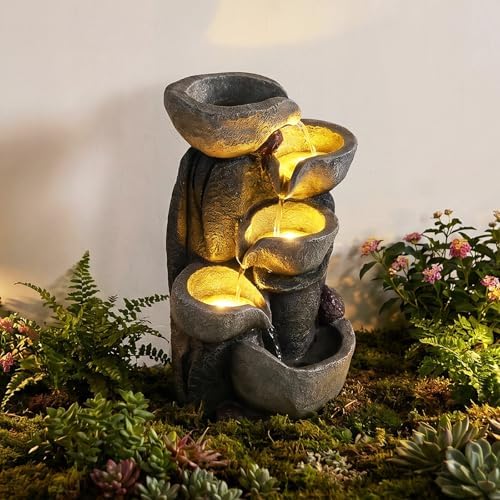 Giantex 5-Tier Outdoor Water Fountain with Lights, 17.5 Inch Cascading Bowls Tabletop Waterfall Fountain with Pump, Resin Garden Water Feature for Indoor Outdoor Patio, Yard, Porch Decor by Giantex