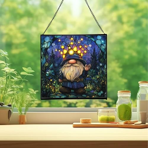 Firefly Crown Gnome Stained Glass Suncatcher – Square Hanging Window Panel for Home or Greenhouse – Whimsical Glass Art Gift for Garden Lovers, Christmas, Halloween, Father Days 8nQygN - Image 2