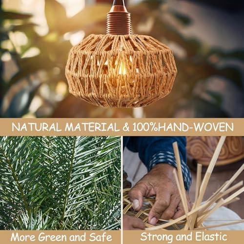 6 Pcs Small Rattan Lamp Shade Lantern Shape Boho Rattan Chandelier Shades Replacement Handwoven Hanging Light Shades for Table Floor Lamp Pendant Light Fixtures, 4.3" H x 6.7" D - Image 4