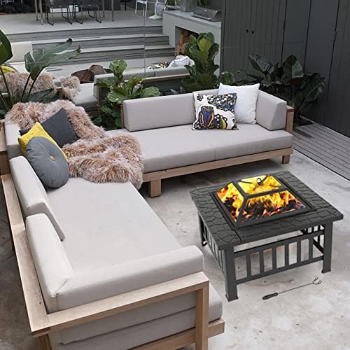 Outvita 32in Fire Pit Table, Outdoor Square Metal Firepit Table with Fire Bowl, Mesh Cover and Fire Poker for Patio Yard Garden Camping - Image 7