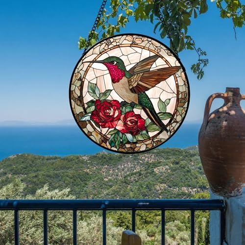 CHATYOUNG Stained Glass Window Hanging Flower Hummingbird Retro Large 15" - Bird Suncatcher Door Garden Home Decor Christmas Mother's Day Birthday Gift for Grandma Women Mom Nana Wife Bird Lovers - Image 2