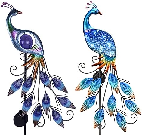 TERESA'S COLLECTIONS 2 Pack Peacock Solar Garden Lights, Metal Garden Decor for Outside, Solar Outdoor Lights Decorative Stake Lawn Ornaments Yard Art for Patio Decorations by TERESASCOLLECTIONS