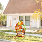 Glitzhome 30.25"H Fall Metal Pumpkins with Barrel Yard Stake/Hanging Wall Decor,Metal Pumpkin Barrel with Welcome Signs,Fall Harvest Porch Decorations for Thanksgiving Autumn Halloween Party Supplies by Glitzhome