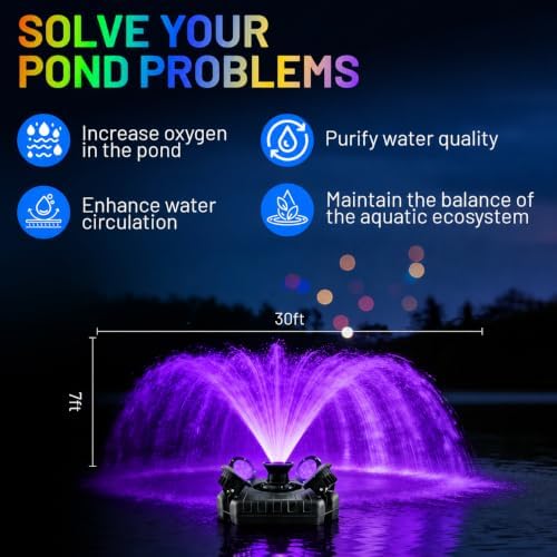 Pond Fountain Aerator with Lights,Pond Fountain with 4 RGB Lights,10 Light Modes,1HP 750W 110V 15000GPH,Stainless Steel Pump with 100FT Power Cord& Timer,Pond Fountains for Large Ponds,Lakes - Image 4