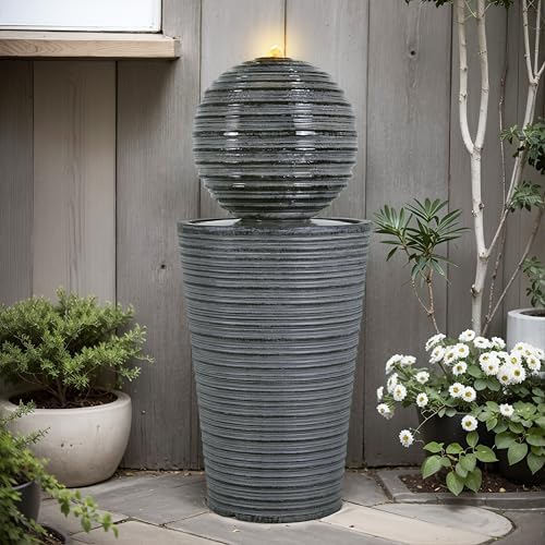 31.5" H Tall Striped Concrete Column Outdoor Fountain with LED Lights, Modern Freestanding Sphere-Top Water Feature for Patio, Garden & Backyard Decor - Image 3