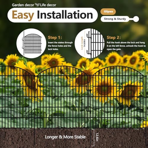 10 Panels Garden Fence Animal Barrier with Lock, 33in (H) x 24ft (L) Dog Fences Outdoor for Yard No Dig Rustproof Decorative Tall Metal Panel Border Rabbits Temporary Ground Stakes Fencing - Image 3