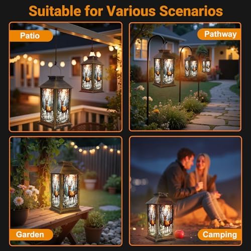 Solar Lantern Outdoor Waterproof Majestic Stag Winter Forest Autumn Leaves Stained Glass Garden Decor LED Hanging Solar Lights Tabletop Lamp Gifts for Women Mom Outside Yard Patio Porch - Image 6