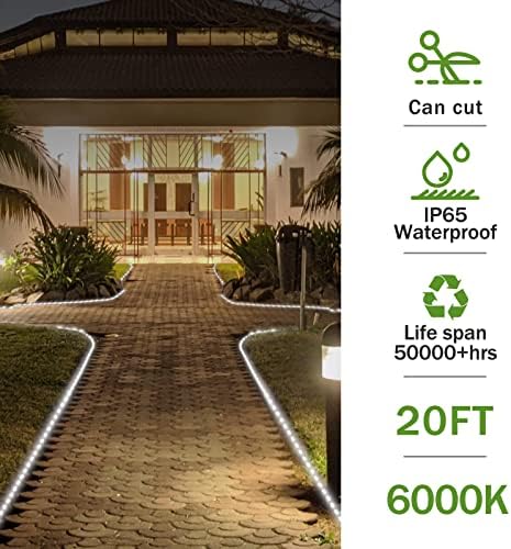 Rope Lights Outdoor Waterproof Daylight White: LED 20FT Cuttable Outside Bright 110V Lighting Connectable Flexible Plug Cool Clear Tube, Indoor Deck Patio Xmas Camping Decor, Not Flat Strip - Image 2