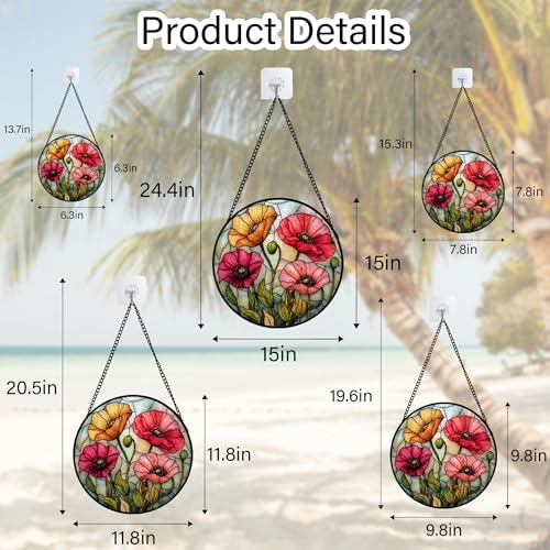 Poppy Flower Stained Glass Window Hanging Suncatcher Gifts for Women 12" - Image 5