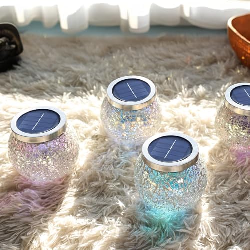 Cooo Gift for her him 4 Pack Heavy Solar Mosaic Crackle Glass Lights with Dual Solar Panels, Color-Changing RGB Lantern, Exclusive Dazzling Glass, Waterproof Outdoor Table Lamps Garden Lamp - Image 5