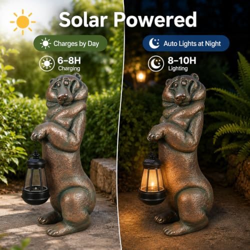 Funny Bear Outdoor Solar Lantern,16.2in Garden Decor Statue Waterproof - Image 2