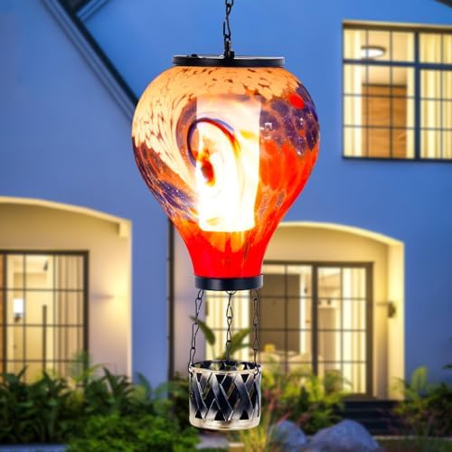 Starsoul Unique Hot Air Balloon + Cardinal Solar Lantern Glass Solar Hot Air Balloon Lantern with Flame Light + Metal &Stained Glass Cardinal Solar Light Waterproof Solar Lantern for Yard Garden - Image 2