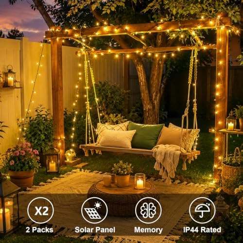 QITONG 2 Pack Warm White Solar String Lights, Each 66ft 200 LED Solar Fairy Lights Outdoor Waterproof, 8 Modes Green Wire Solar Twinkle Tree Lights for Outside - Image 2