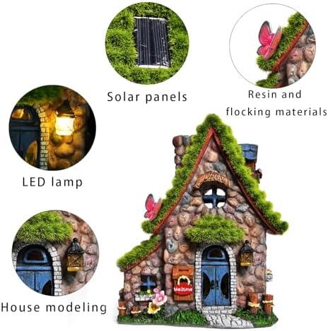 ASAWASA Resin Fairy House Statues with Solar Powered Lights, Funny Garden Sculptures with Flocked and Cobblestone Decor, Exquisite Garden Cottage Figurines - Image 5
