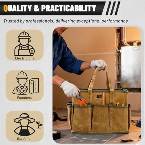 16OZ Waxed Canvas Tool Tote Bag | Large-Capacity Tool Storage Tote with 10 External Pockets | Multi-Purpose Garden Tool Carrier for Gardening, Wrench, and Carpentry Tools – Khaki - Image 6