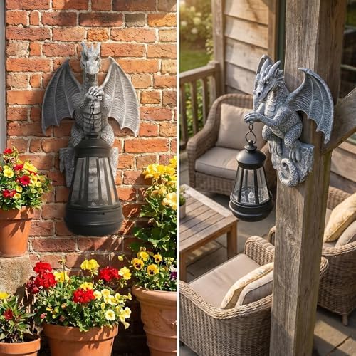Outdoor Solar Dragon Statue Tree Hugger with Solar Lantern Garden Decor, Dragon Garden Statues Outdoor Patio,Tree, Fence Decoration, Dragon Outdoor Statues with LED Light, Gifts for Women (Stone) - Image 3
