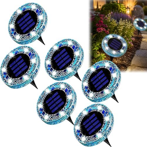 2026 Upgraded Solar Outdoor Mosaic Disk Lights, Mosaic Solar Disk Light, Outdoor Waterproof Mosaic Solar Ground Lights, for Walkway, Patio & Lawn, Decorative Driveway Lamps (Blue*6) by Unknown
