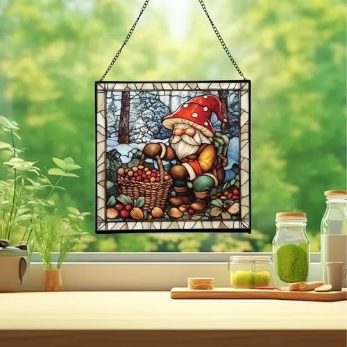 Gnome with Hibernation preparations Stained Glass Suncatcher–Square Hanging Window Panel for Home, Garden, Nursery, Halloween, Christmas, Memorial Day–Whimsical Glass Art Gift for Gnome Lovers 0uoi6u - Image 2