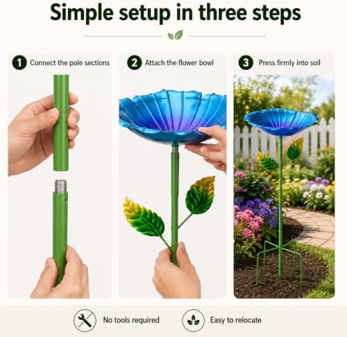 2 Pack Bird Baths for Outdoors, Metal Flower Garden Stakes, Blue & Orange - Image 7