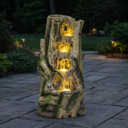 23.62 Inch Outdoor Water Fountain, Tree Stump Resin Cascading Water Feature with Warm LED Lights, Quiet Pump for Patio Garden Porch - Image 7