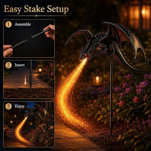 Solar Dragon Fire Garden Light Stake, Dragon Outdoor Figurine Lights Stake - Image 7