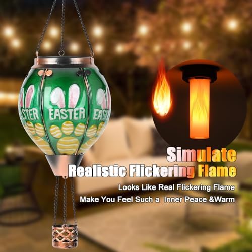 Easter Hot Air Balloon Solar Lantern - Bunny Glass Lantern, Simulated Flickering & Dancing Flame, Outdoor Hanging Yard Light Waterproof IP65 for Patio Lawn Porch Decor Rabbit Gift - Image 2
