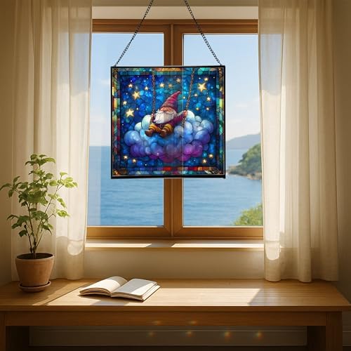 Cloud Gnome Swing Stained Glass Suncatcher – Square Hanging Window Panel for Home or Greenhouse – Whimsical Glass Art Gift for Garden Lovers, Christmas, Halloween, Father Days MPT6CG - Image 6