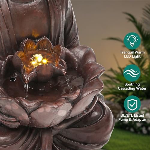 Zen Buddha Water Fountain Outdoor, 19" H Handcrafted Buddha Statue Water Feature with Soothing Waterfalls & Lights, Peaceful Oasis for Garden Patio Yard Deck Living Room Floor Tabletop Decor - Image 3