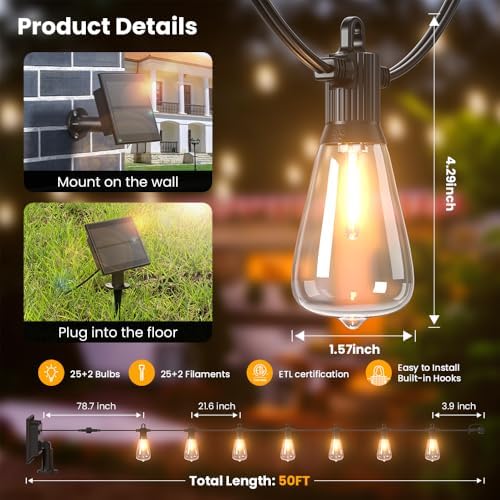 FOOMAN 50FT Solar String Lights Outdoor Waterproof IP65 with USB-Charging - Image 2