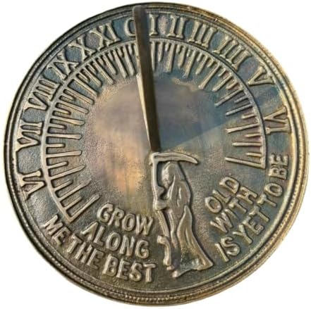 Solid Brass Father Time Sundial with Verdigris Highlights - Antique Garden Sundial Clock with Grow Old Along with Me Quote by Unknown