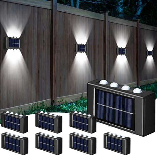 Rossesay 8 Pack Solar Wall Lights for Outside 6000K Cold Solar Fence Lights Up and Down Summer LED Outdoor Decorative Waterproof Lamps Dusk to Dawn LED Lighting Wall Sconces for Outside Deck Garage by Rossesay