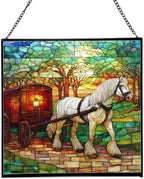 White Shire Horse Pulling Wagon at Twilight Square Suncatcher – Stained Glass Style Window Panel with Pastoral Scene, Custom Decorative Hanging Art for Equestrian Home, Christmas meyEOR by Custom