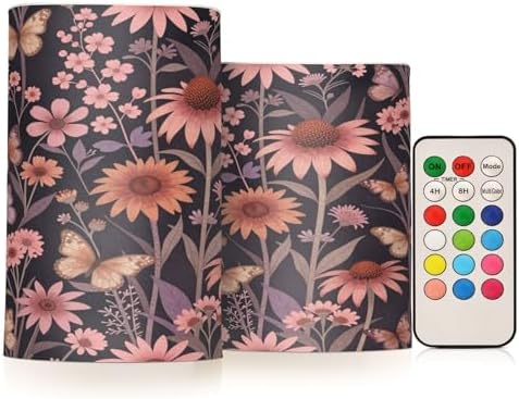 Vintage Pressed Flowers Flameless Candles with Remote Control Candles with Timer Waterproof Electronic Lights Glitter Led for Night Battery Operated Pillar 2-Piecing Set by famyily