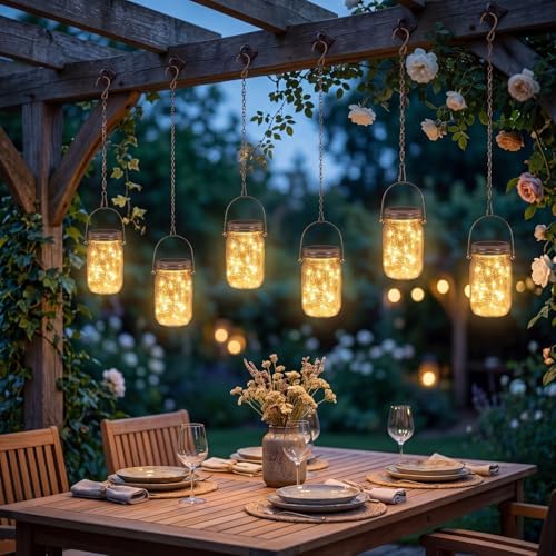 12 Pack Mason Jar Hanging Lantern with Chains, 30 LED Solar Lights by Wovnet