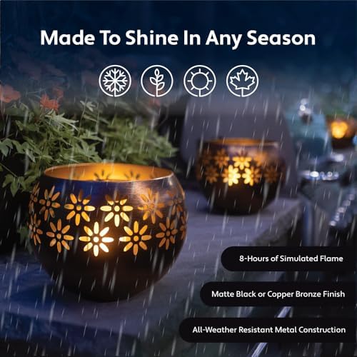 Original Solar Fire Bowl (1-Pack) Outdoor Waterproof Solar Lanterns - Metal Porch Lights with Flickering Flame for Tabletop, Patio, Garden & Landscape Decor (Matte Black) - Image 4