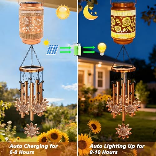 2 Pack Sunflower Solar Wind Chimes for Outside, Gifts for Mom Women Grandma Birthday Memorial Teacher, 32" Windchimes Outdoor Decor Hanging Solar Lantern for Garden Porch Patio Backyard - Image 3