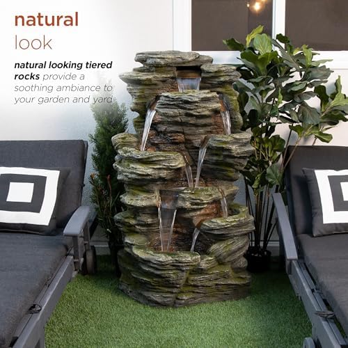 Alpine Corporation WIN1092 Outdoor Multitiered Rock Waterfall Floor Fountain with Warm White LED Lights, 51" Tall, Brown - Image 4