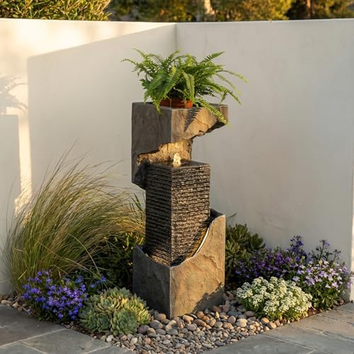 Modern Rectangular Water Fountain Outdoor with LED Lights & Planter Top, 35.4" Tall Resin Cascading Waterfall Feature for Patio Backyard Garden Décor, Outdoor Water Feature - Image 4