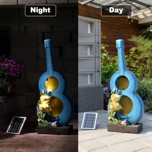 38.2" H Solar Outdoor Water Fountain with LED Lights, Guitar Design Cascading Water Feature for Garden Patio Backyard Porch Yard Decor - Image 4