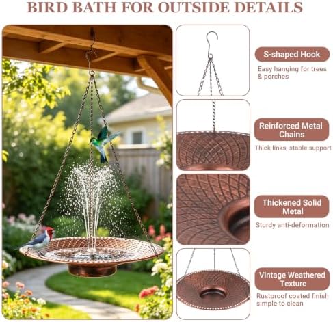 19.6" Large Bird Bath with Solar Fountain, LED & Battery Hanging Birdbath - Image 6