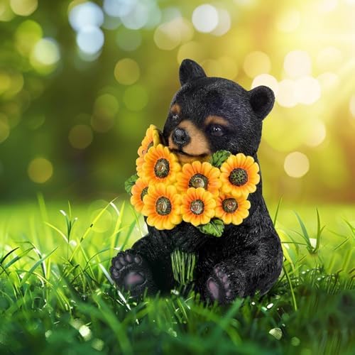 Solar Garden Lights Outdoor Statues Black Bear with Sunflowers - Image 6