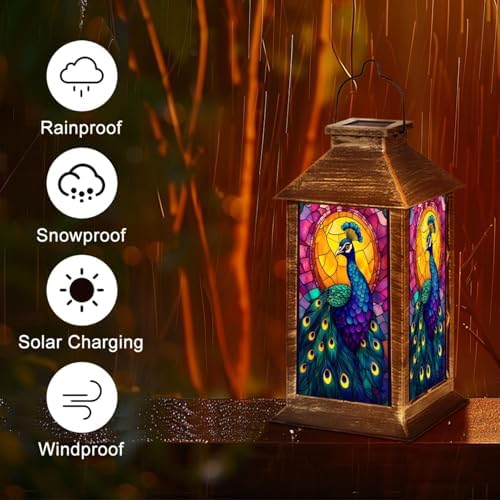 Solar Lantern Peacock Stained Glass Vibrant Blue Feathers Golden Mosaic Halo Outdoor Waterproof Hanging Solar Light Outside Lights for Patio Yard House Lawn Decor Birthday Gifts for Women Mom - Image 5