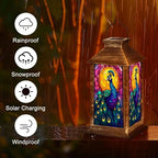 Solar Lantern Peacock Stained Glass Vibrant Blue Feathers Golden Mosaic Halo Outdoor Waterproof Hanging Solar Light Outside Lights for Patio Yard House Lawn Decor Birthday Gifts for Women Mom - Image 5