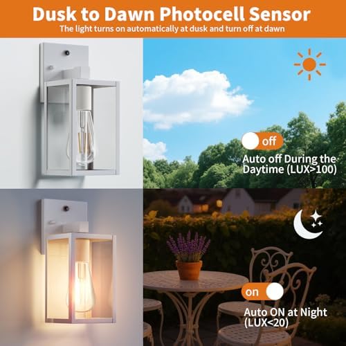 2 Pack White Dusk to Dawn Front Porch Lighting Fixtures Wall Mount, Sensor Outside Exterior Lights for House, Outdoor Lantern Lamp, Waterproof Wall Sconce Lights, Coach Light for Garage Entryway - Image 2