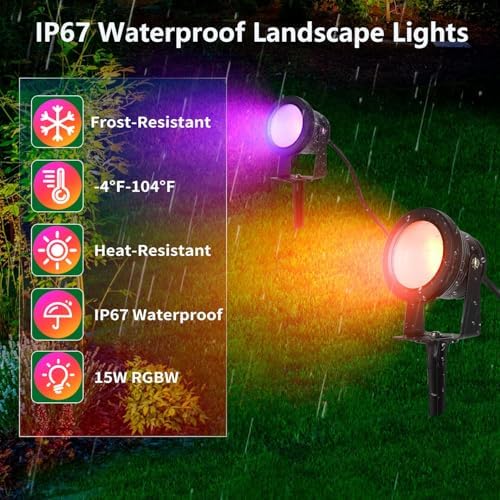 Outdoor Spotlight,15W RGBW Color Changing Landscape Lights 12V Low Voltage Landscape Lighting APP Control, IP67 Waterproof Outdoor Spot Lights for Yard Garden Pathway Decorations, 2Pack - Image 5