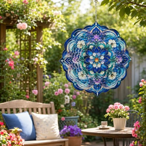 Shwing 12 Inch Wind Spinner Hanging Wind Sculptures Purple Blue Floral Metal Decor Double Sided Outdoor Kinetic Garden Art 3D Wind Spinner Hanging Ornament for Patio Porch Balcony Backyard Tree Decor - Image 4