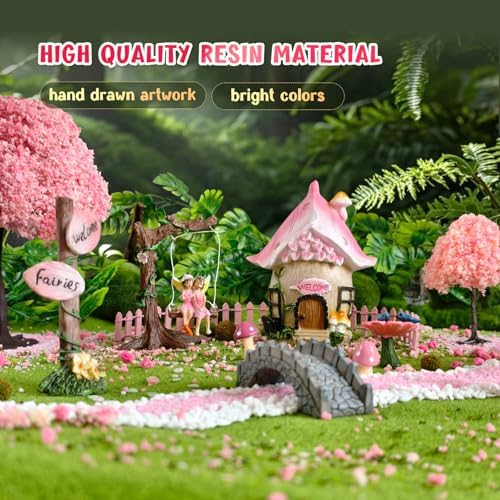 DONABELA Fairy Garden Decor Kit Pink Resin Miniature House Figurines Set Swing Directional Sign Bird Drinking Pool Fence Little Mushroom Outdoor Tiny Accessories Supplies - Image 2