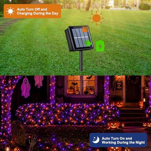 QITONG Solar Halloween String Lights, 2 Pack Each 66ft 200 LED Orange and Purple led Lights Outdoor Waterproof, 8 Modes Solar Twinkle Lights for Garden Patio Yard - Image 4